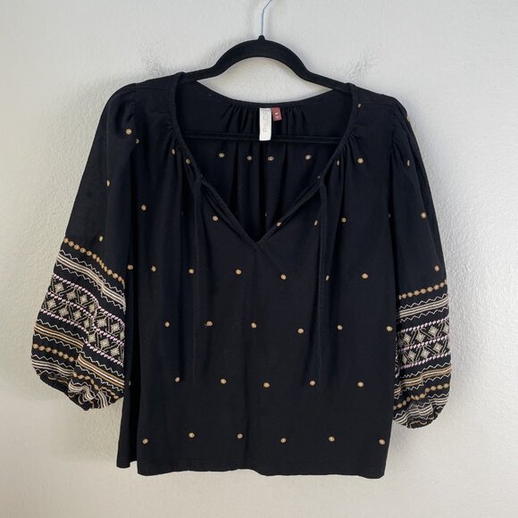Pilcro Blouse Womens Medium Black Embroidered Peasant Boho Top Long Sleeve MP - Picture 8 of 11